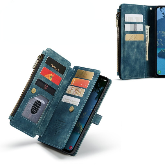 Husa CASEME pentru Samsung Galaxy A56 5G, Leather Wallet Cash and Card Slots, cu curea, albastru