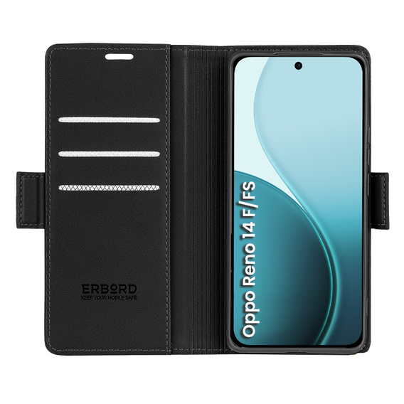 Husă pentru Oppo Reno 14 F / 14 FS, ERBORD Glossy Litchi, portofel cu clapetă, negru