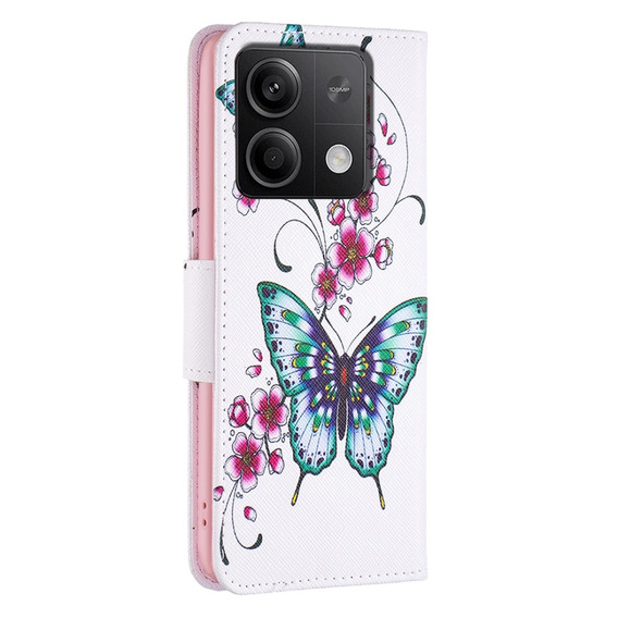 Cu clapetă pentru Xiaomi Redmi Note 13 5G, Wallet, Butterflies & Flowers alb