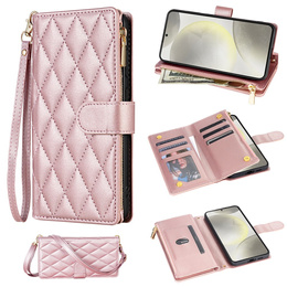 Husă cu clapetă pentru Samsung Galaxy S25 Edge, Rhombus Crossbody Leather, roz rose gold