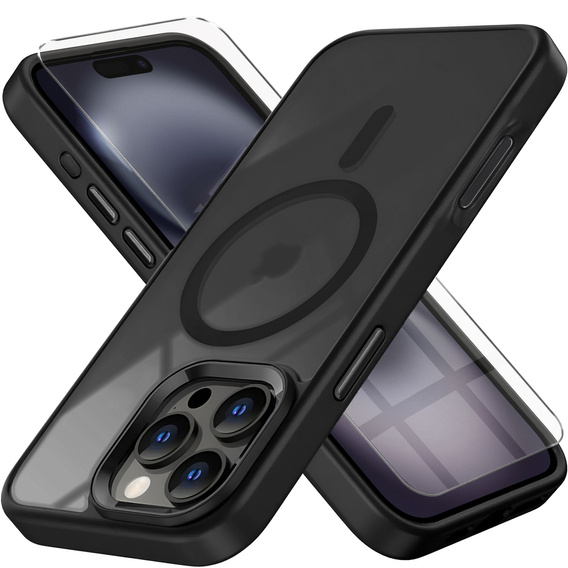 Husă pentru iPhone 16 Pro, pentru MagSafe, ERBORD Matt Case, transparent / negru + sticlă pentru ecran