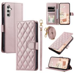 Husă cu clapetă pentru Samsung Galaxy S24 FE, Rhombus Crossbody Leather, roz rose gold