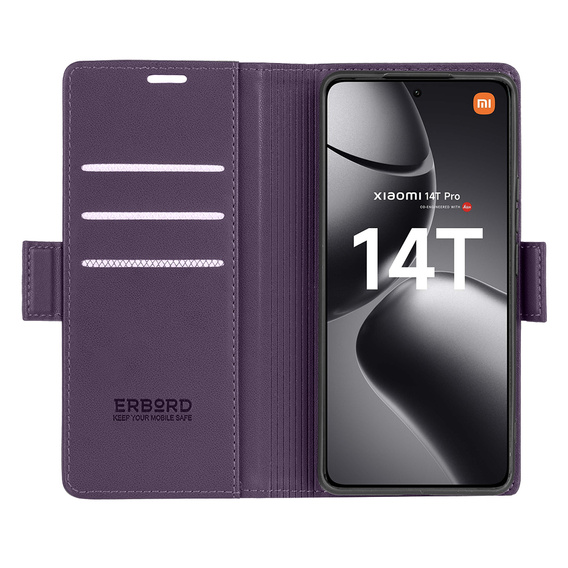 Husă pentru Xiaomi 14T Pro, ERBORD Glossy Litchi, portofel cu clapetă, violet