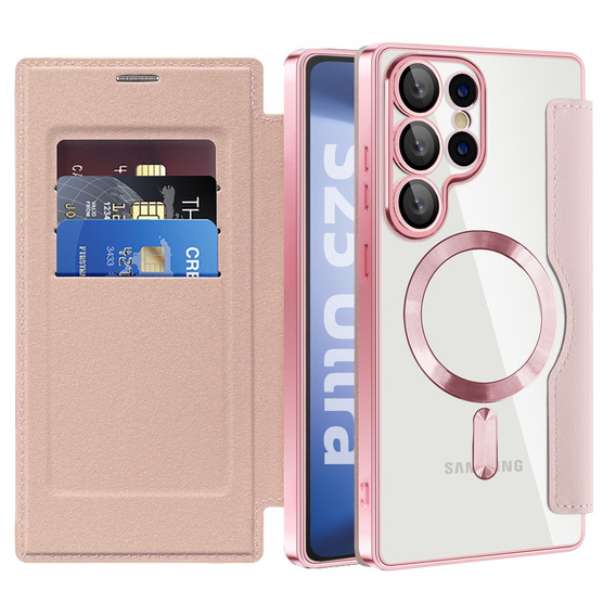 Cu clapetă pentru Samsung Galaxy S25 Ultra, RFID Wallet MagSafe CamShield, roz