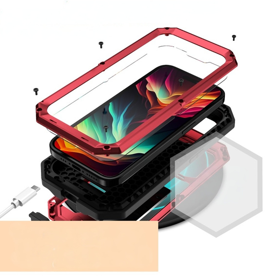 Husă pentru iPhone 15 Pro Max, R-JUST CamShield Slide, armată, roșu / negru