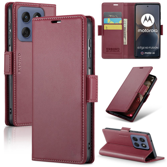 Husă pentru Motorola Edge 60 / 60 Fusion, ERBORD Glossy Litchi, portofel cu clapetă, roșu