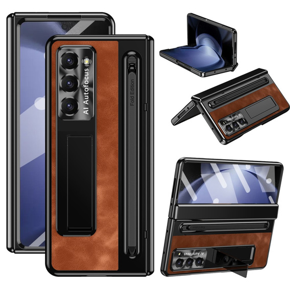 Husă cu suport din piele + PC cu geam și stylus pentru Samsung Galaxy Z Fold6 5G