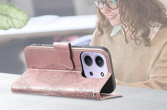 Cu clapetă pentru Xiaomi Redmi 15C 4G/LTE, Butterfly, roz rose gold