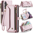Husă CASEME pentru Samsung Galaxy S25 FE, RFID Leather Wallet, cu curea de umăr, roz