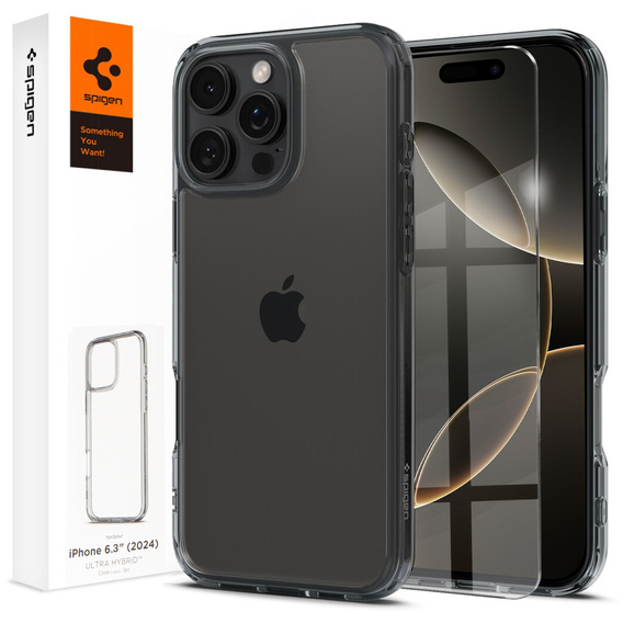 Carcasa Spigen pentru iPhone 16 Pro, Ultra Hybrid, gri + sticlă temperată 9H