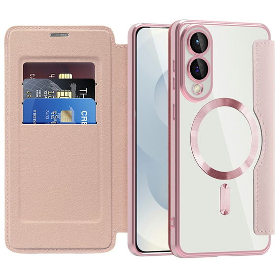 Cu clapetă pentru Samsung Galaxy S25 Edge, RFID Wallet MagSafe CamShield, roz