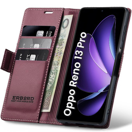Husă pentru Oppo Reno 13 Pro, ERBORD Glossy Litchi, portofel cu clapetă, roșu