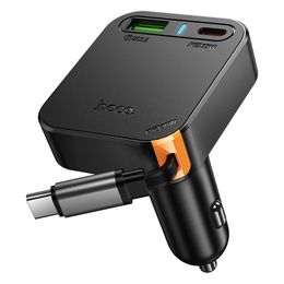 Încărcător auto Hoco cu ieșire triplă și cablu USB-C retractabil de 65 W