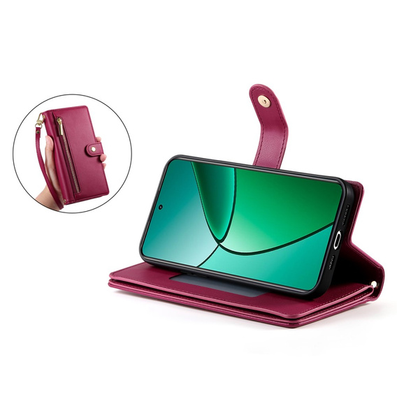 Cu clapetă pentru Realme 14 Pro 5G, Wallet Zipper Pocket, roșu