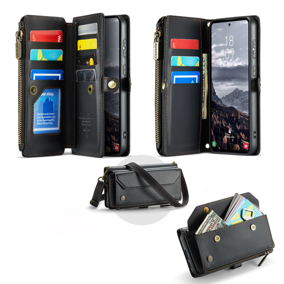 Husă CASEME pentru Samsung Galaxy S25 FE, RFID Leather Wallet, cu curea de umăr, negru