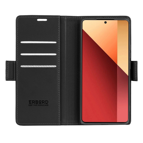 Husă pentru Xiaomi Redmi Note 13 Pro 4G / Xiaomi Redmi Note 14S / Xiaomi Poco M6 Pro 4G, ERBORD Glossy Litchi, portofel cu clapetă, negru