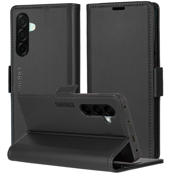 Husă pentru Samsung Galaxy A26, ERBORD Glossy Litchi, portofel cu clapetă, negru