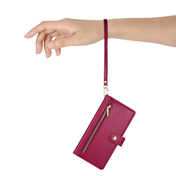 Cu clapetă pentru iPhone 16 Plus, Wallet Zipper Pocket, roșu
