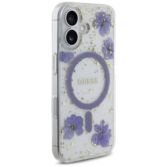 Husă GUESS HC MagSafe din rășină cu flori și sclipici pentru iPhone 16