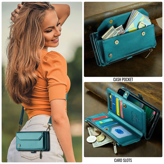 Husă CASEME pentru Samsung Galaxy S25 FE, RFID Leather Wallet, cu curea de umăr, verde