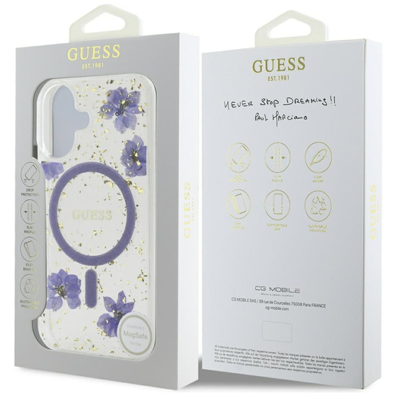 Husă GUESS HC MagSafe din rășină cu flori și sclipici pentru iPhone 16