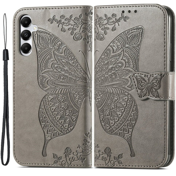 Cu clapetă pentru Samsung Galaxy A05s, Butterfly, gri