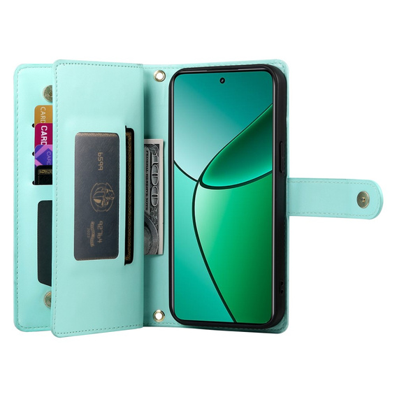 Cu clapetă pentru Oppo Reno 13F 5G, Wallet Zipper Pocket, de mentă