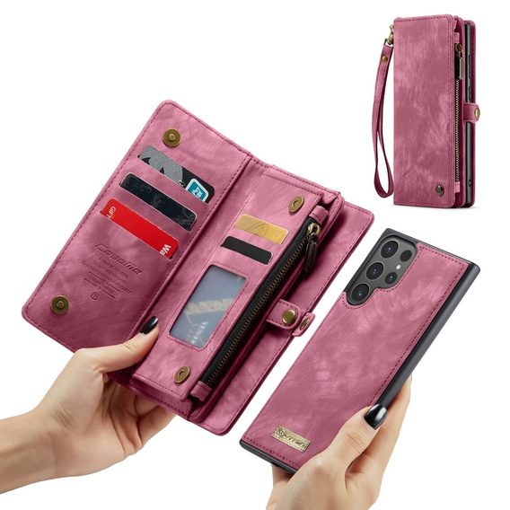 Husă CASEME pentru Samsung Galaxy S25 Ultra, Retro Leather Wallet, cu curea de umăr, roșu