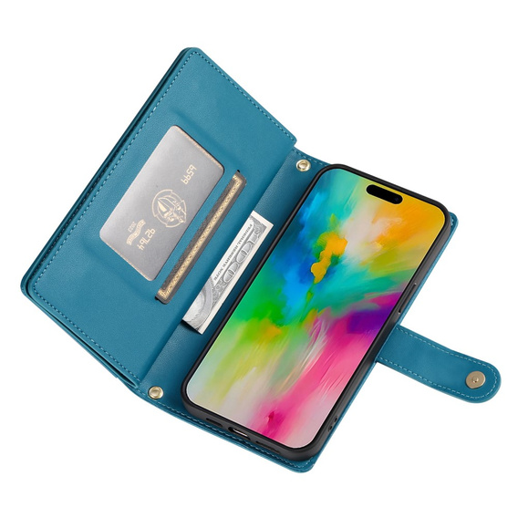 Cu clapetă pentru iPhone 16 Pro, Wallet Zipper Pocket, albastru