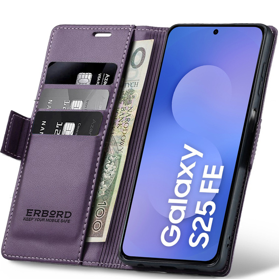 Husă pentru Samsung Galaxy S25 FE, ERBORD Glossy Litchi, portofel cu clapetă, violet