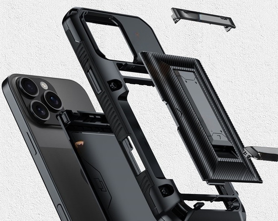 Husă blindată TPU + PC cu spațiu pentru card, negru pentru iPhone 16 Pro Max