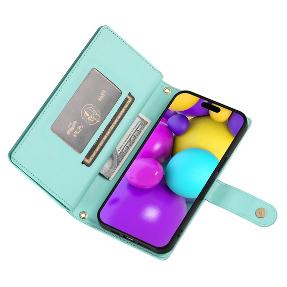 Cu clapetă pentru iPhone 16, Wallet Zipper Pocket, verde