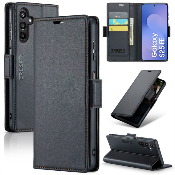 Husă pentru Samsung Galaxy S25 FE, ERBORD Glossy Litchi, portofel cu clapetă, negru