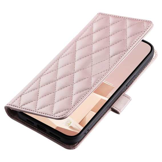 Husă cu clapetă pentru iPhone 16 Plus, Rhombus Crossbody Leather, roz rose gold