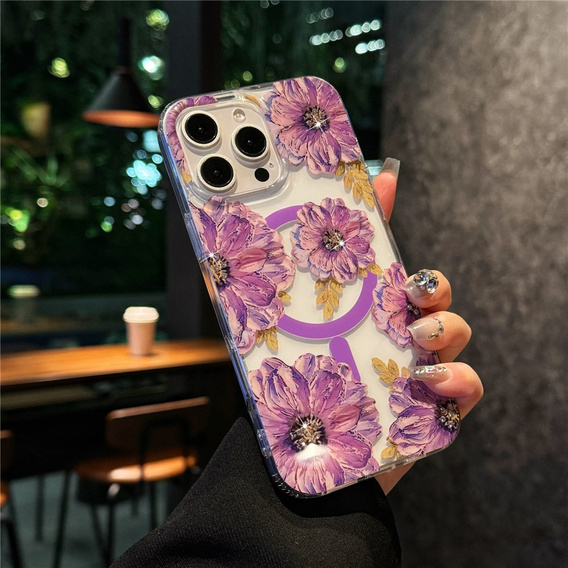 Husă magnetică cu model floral realizat cu laser pentru iPhone 16 Pro