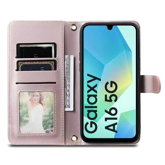 Husă cu clapetă pentru Samsung Galaxy A16, Rhombus Crossbody Leather, roz rose gold