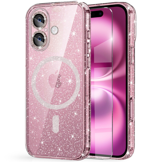 Husă pentru iPhone 16, ERBORD Glitter MagSafe, roz + Sticlă pentru ecran