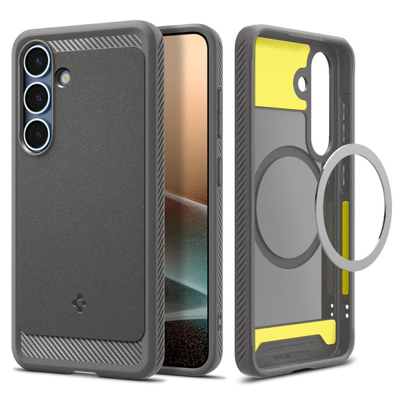 Carcasa Spigen pentru Samsung Galaxy S25, Rugged Armor MagSafe, gri + Tempered Glass 9H