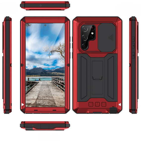Husă blindată pentru Samsung Galaxy S22 Ultra, R-JUST CamShield Slide, roșu
