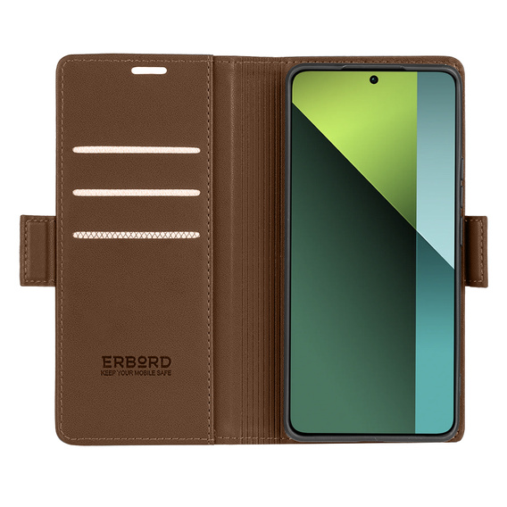 Husă pentru Xiaomi Redmi Note 13 Pro 5G, ERBORD Glossy Litchi, portofel cu clapetă, maro