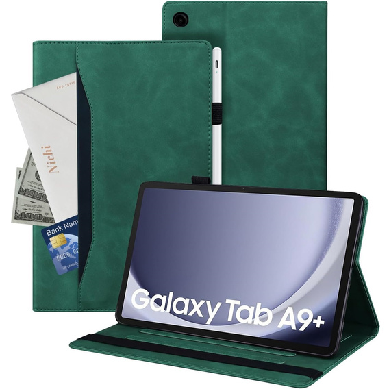 Husă pentru Samsung Galaxy Tab A9+, Classic, cu spațiu pentru stylus, verde