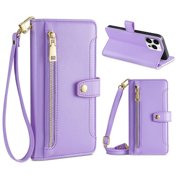 Cu clapetă pentru iPhone 15 Pro, Wallet Zipper Pocket, violet