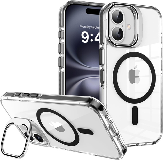 Husă pentru iPhone 17, pentru MagSafe, cu suport, transparentă cu inserții negre