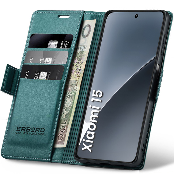 Husă pentru Xiaomi 15, ERBORD Glossy Litchi, portofel cu clapetă, verde