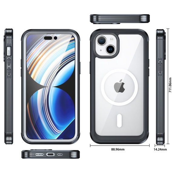 Carcasă pentru iPhone 15 Plus, blindată Full Protect 360° pentru MagSafe, sticlă pentru ecran, negru