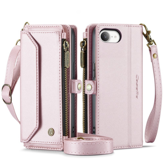 Husă CASEME pentru iPhone16E, RFID Leather Wallet, cu curea de umăr, roz