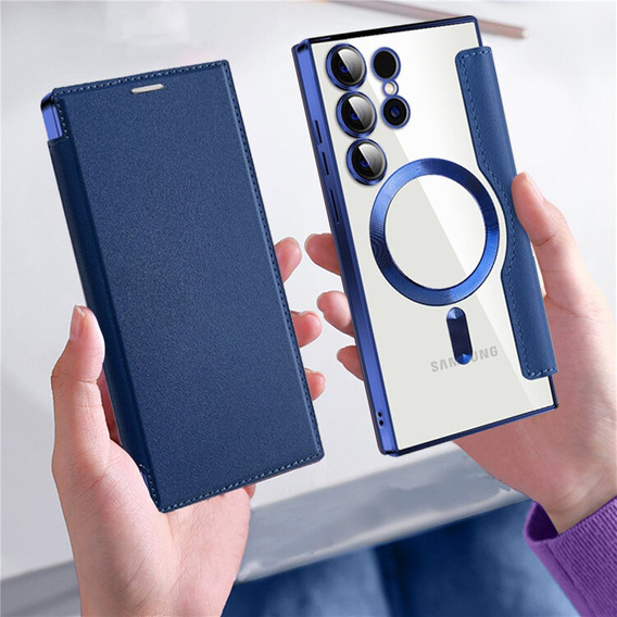 Cu clapetă pentru Samsung Galaxy S24 Ultra, RFID Wallet MagSafe CamShield, albastru închis