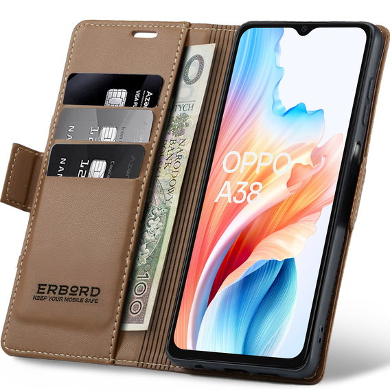 Husă pentru Oppo A18 4G / A38 4G, ERBORD Glossy Litchi, portofel cu clapetă, maro