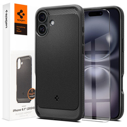 Carcasa Spigen pentru iPhone 16, Rugged Armor MagSafe, negru + Tempered Glass 9H