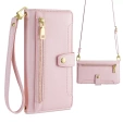 Cu clapetă pentru iPhone 16E, Wallet Zipper Pocket, roz